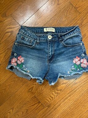 GUESS Blue Denim Shorts with Pink Floral Embroidery